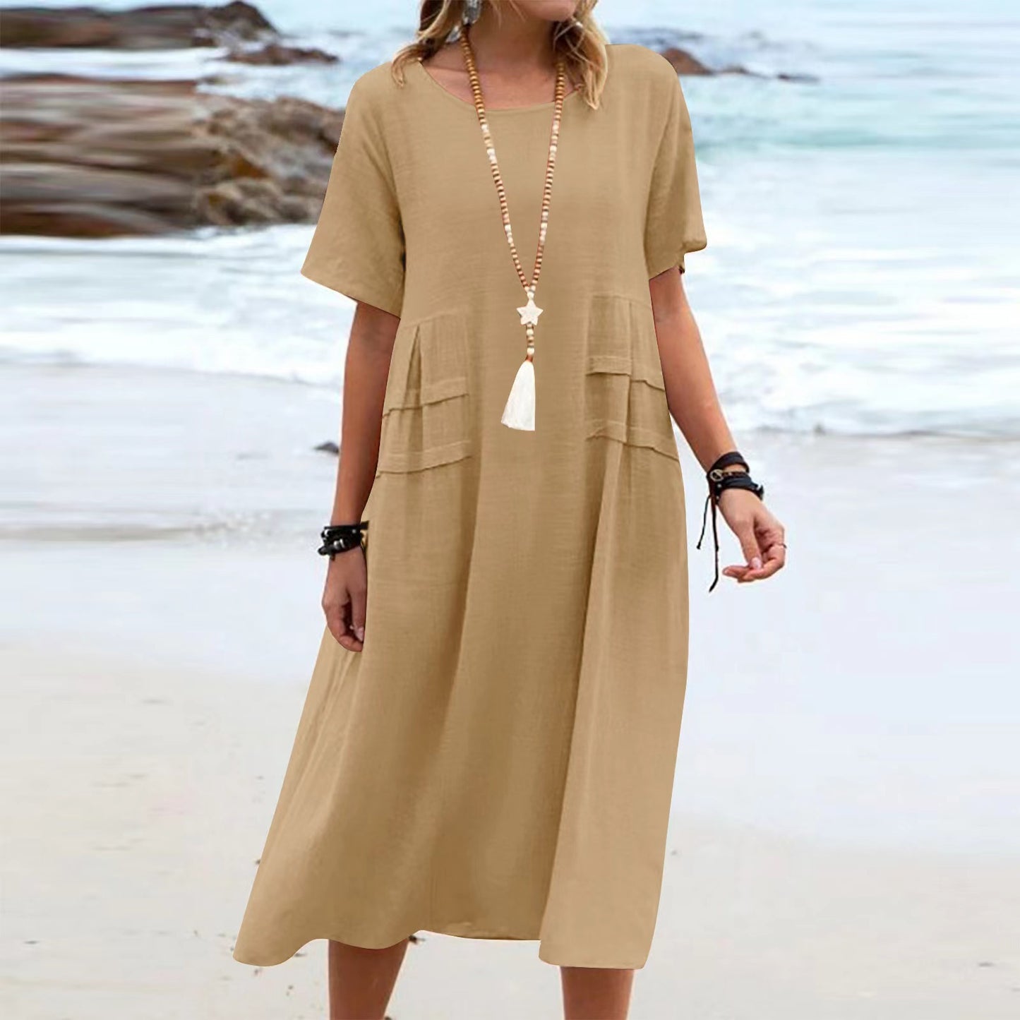 Women's Summer Loose Breathable Linen Short-sleeve Midi Dress