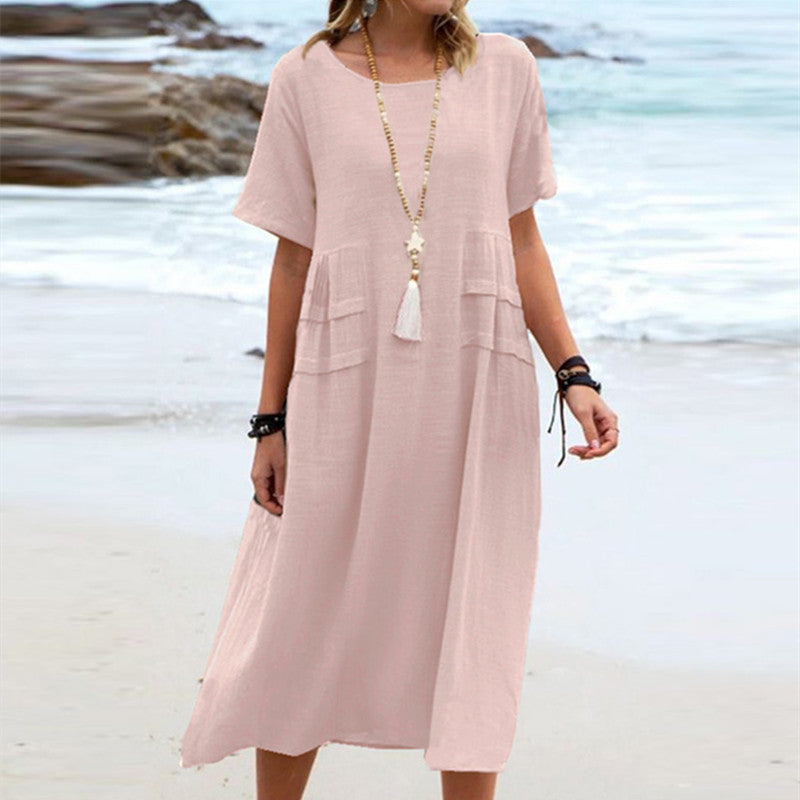 Women's Summer Loose Breathable Linen Short-sleeve Midi Dress