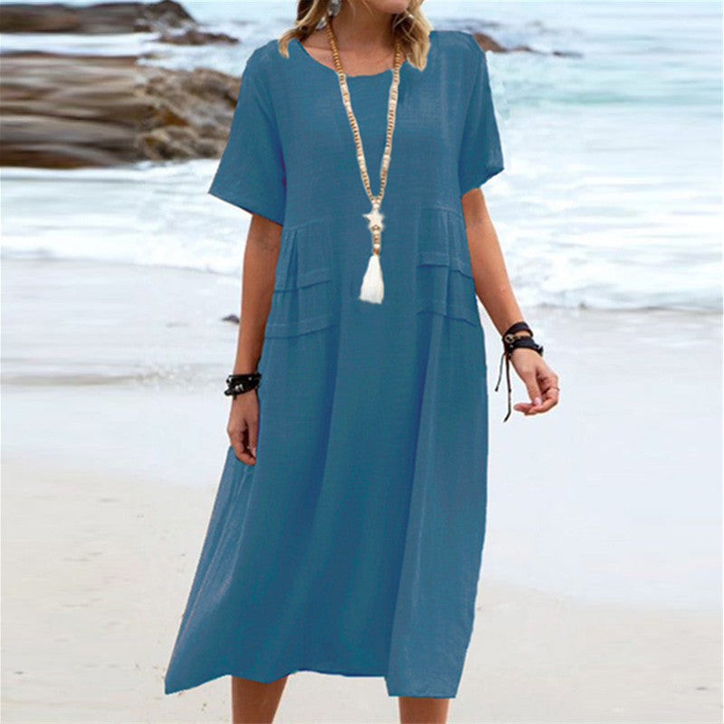 Women's Summer Loose Breathable Linen Short-sleeve Midi Dress