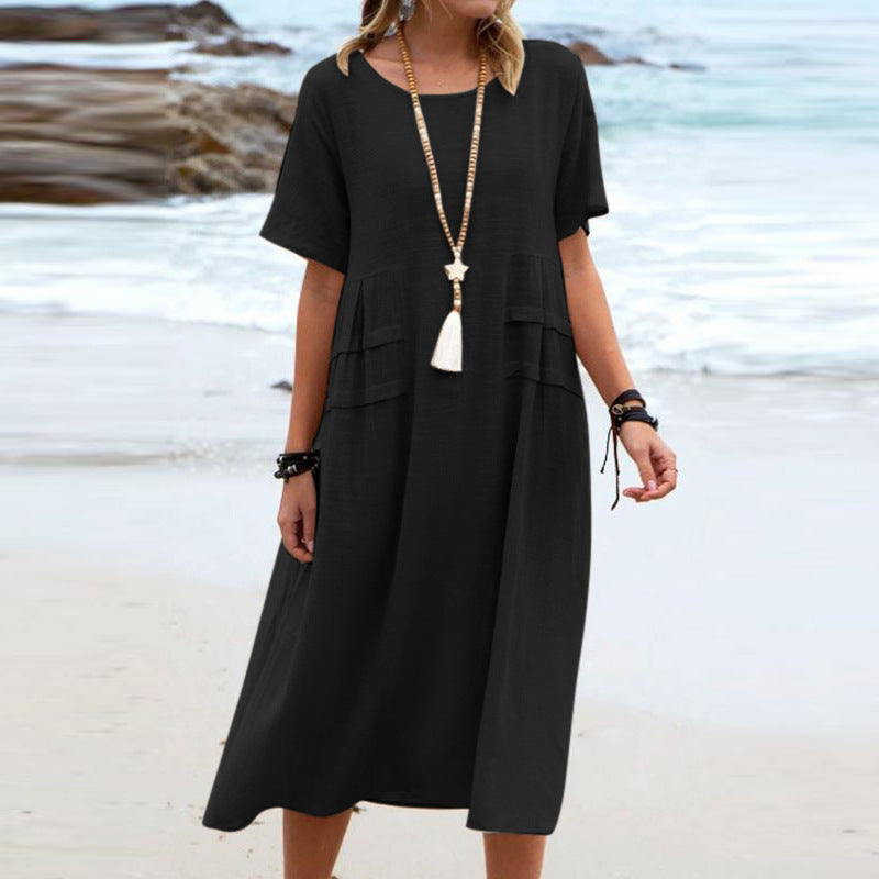 Women's Summer Loose Breathable Linen Short-sleeve Midi Dress
