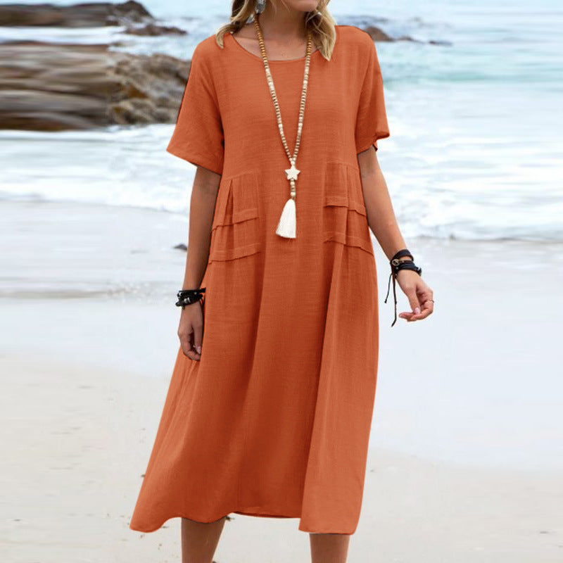 Women's Summer Loose Breathable Linen Short-sleeve Midi Dress