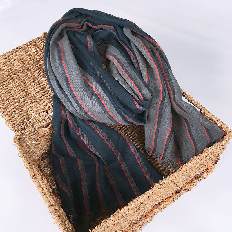 Japanese And Korean Style Men's Blue Striped Lengthened Scarf