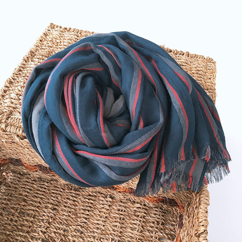 Japanese And Korean Style Men's Blue Striped Lengthened Scarf