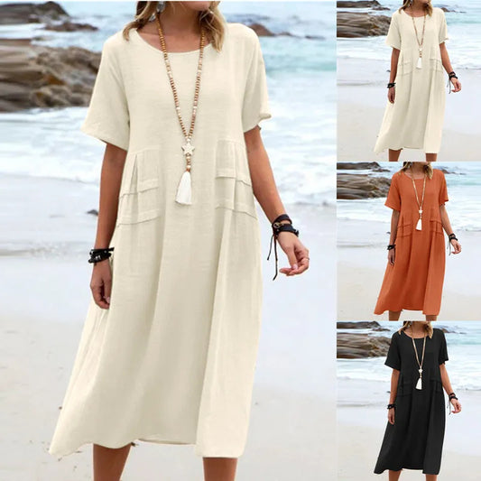 Women's Summer Loose Breathable Linen Short-sleeve Midi Dress