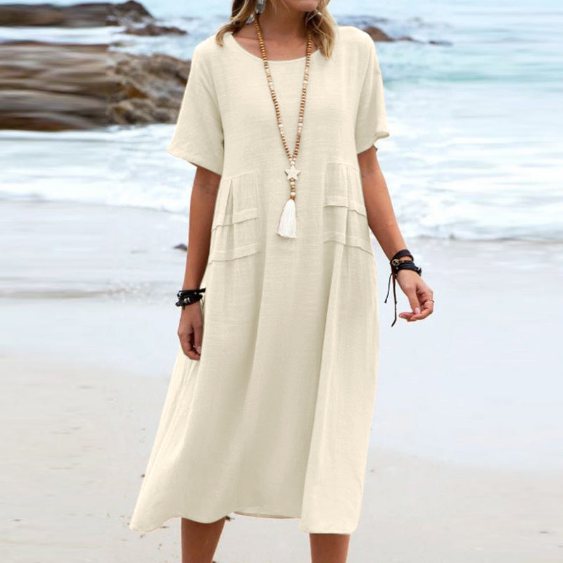 Women's Summer Loose Breathable Linen Short-sleeve Midi Dress