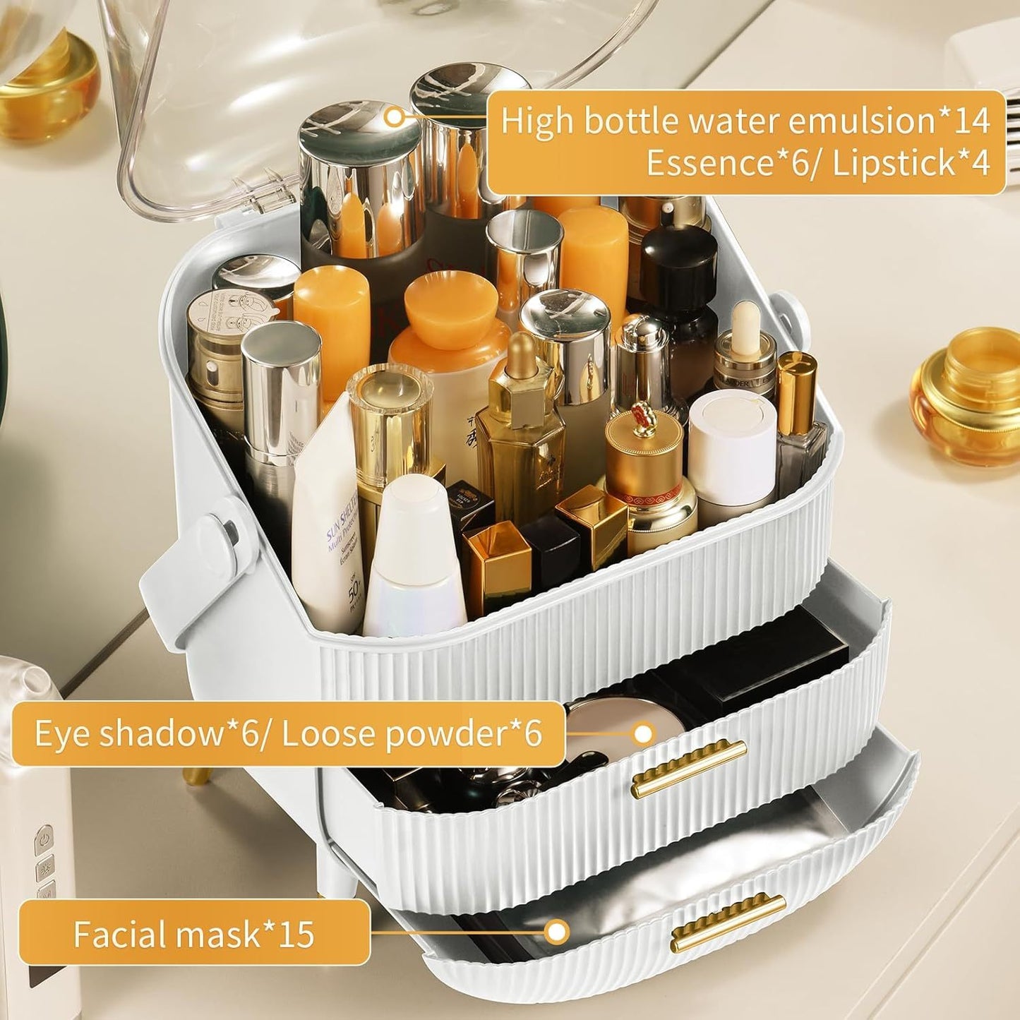 Makeup & Skincare Organizer with 2 Drawers – Transparent Cover, Large Capacity, and Elegant Design