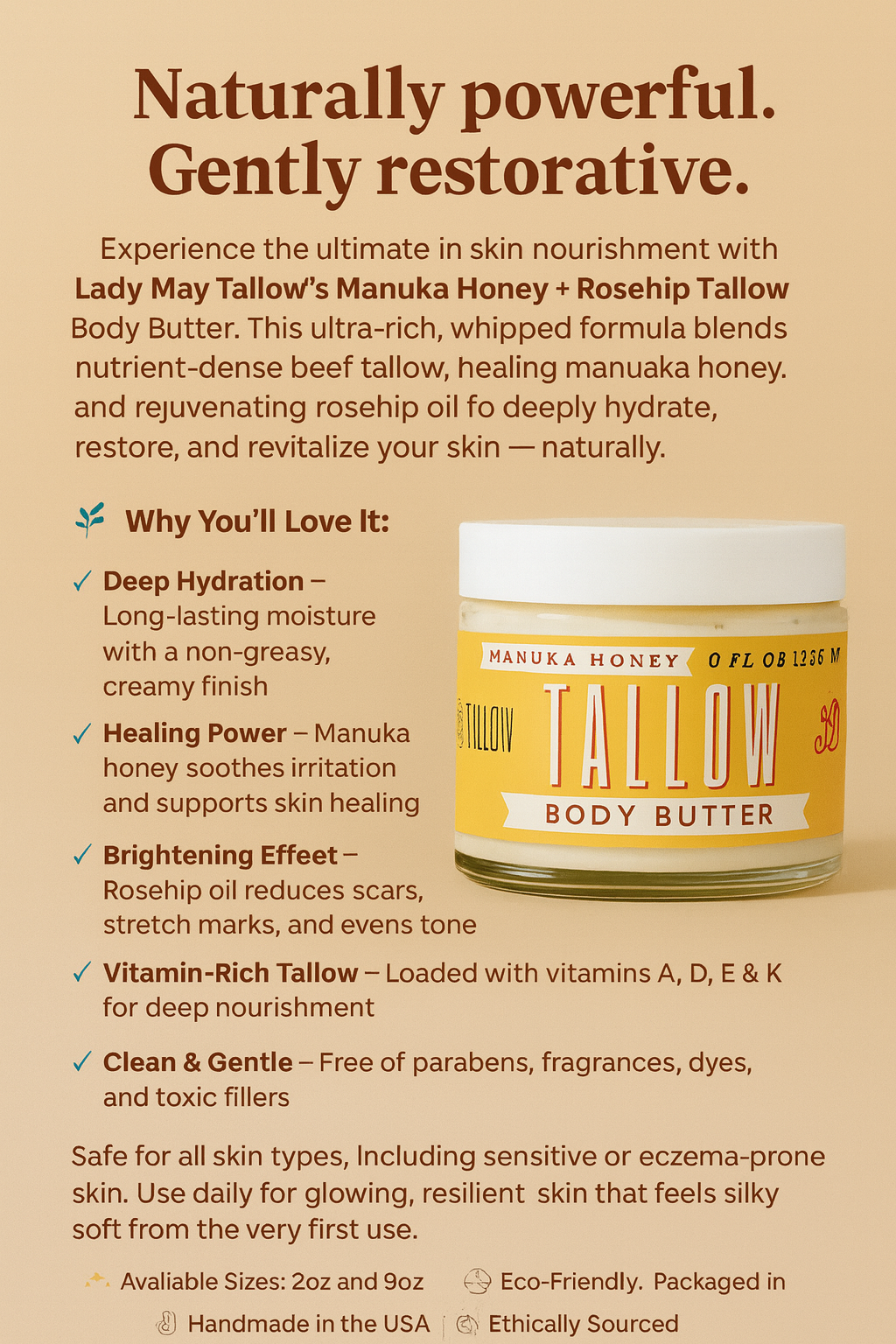 Manuka Honey + Rosehip Tallow Body Butter – Deeply Nourishing & Repairing Natural Skincare